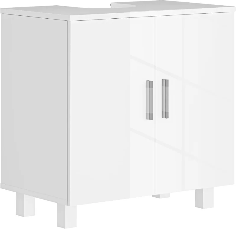 HOMCOM 2-Door Sink Cabinet with Central Shelf, Bathroom Sink Cabinet with Handle and Non-Slip MDF Feet, 60 x 35 x 60 cm, Glossy White