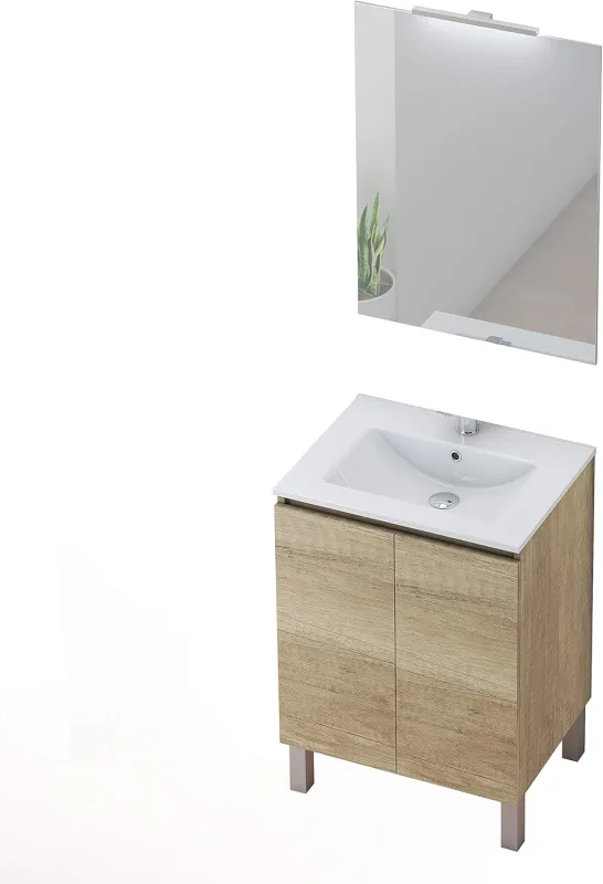 Baikal Bathroom Cabinet Set with Sink and Mirror with LED Wall Light with Legs, in Various Finishes, Melamine 16. 2 Doors 60 cm Nature