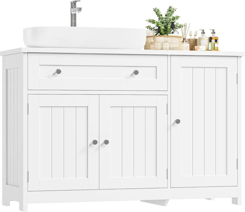 FOREHILL 90 cm Under Sink Cabinet, Bathroom Cabinet, Basin Cabinet with Stand, with 3 Doors, 1 Drawer, White, 90 x 30 x 61.5 cm