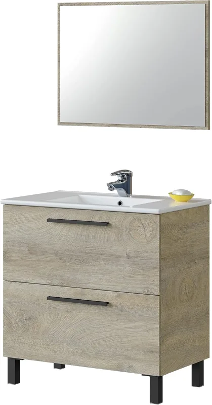 Habitdesign Bathroom Cabinet with 2 Drawers and Mirror, Modulo Basin, Athena Model, Alaska Oak Finish, Measures 80 cm (W) x 80 cm (H) x 45 cm (D)