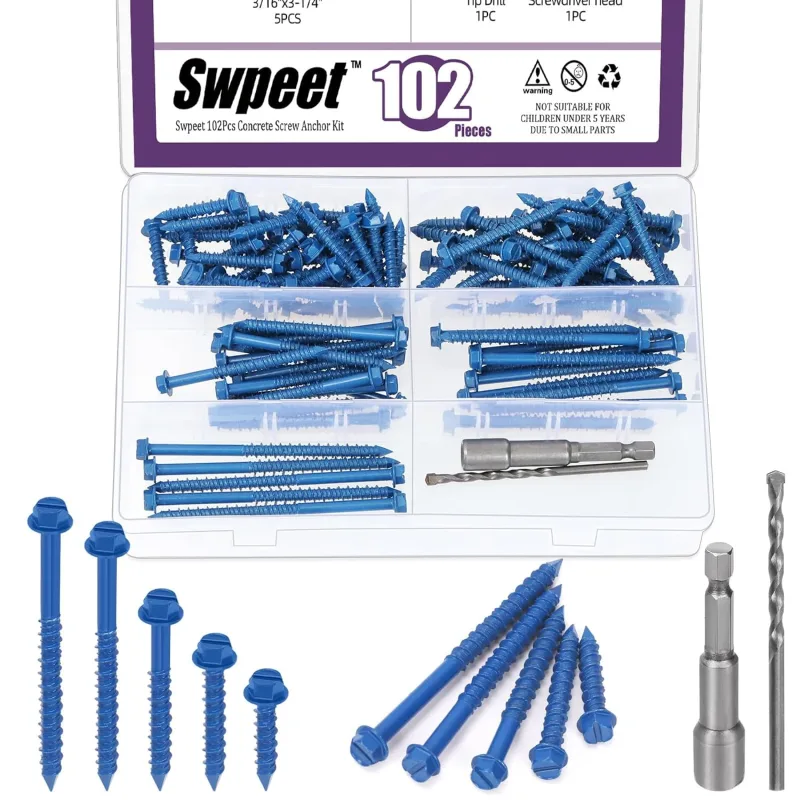 Swpeet 52 Pcs 1/4" x 3.5" Hex Head Hex Head Concrete Screws Set with Hex Nut and Drill Bit Assortment, Self Tapping Cement Screws for Anchor (Assortment Kit