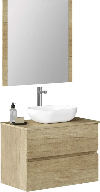 Baikal Baño Onyx, 2 cajones, suspendido en Pared, con Lavabo cerámico. Mueble Montado, Melamina 16, Nature, 70