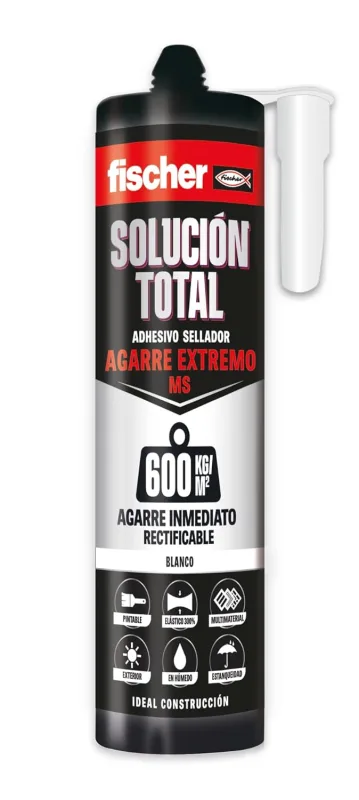 fischer - Total Solution White End Grip, Adhesive Sealant, Polymer Sealant, Strong Glue, No Solvent, No Black Silicone. Seal Bathtub, Shower, Seals, Windows, Ceramic (290ml)