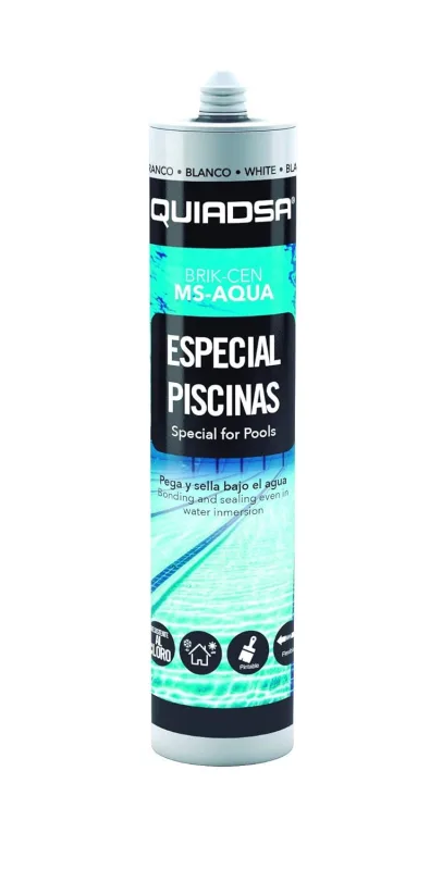 Quiadsa - BRIK-CEN MS-AQUA - MS polymer elastic sealant - Resistant to chlorinated and salt water, use in swimming pools - High durability and elasticity - 290 ml