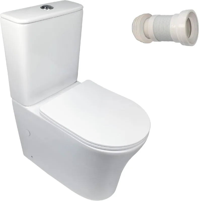 BAIKAL T1 Toilet Pack + Extendable Sleeve 150-470 mm. Compact Floor Toilet with Rimless System and Monoblock Double Flush Cistern. Sanitary with Dual Outlet and Seat with Damped Drop