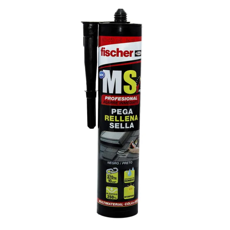 FISCHER, MS Professional Multi-Purpose Black Silicone Polymer Sealant Adhesive for Interior and Exterior Glue - Strong Glue (290ml)