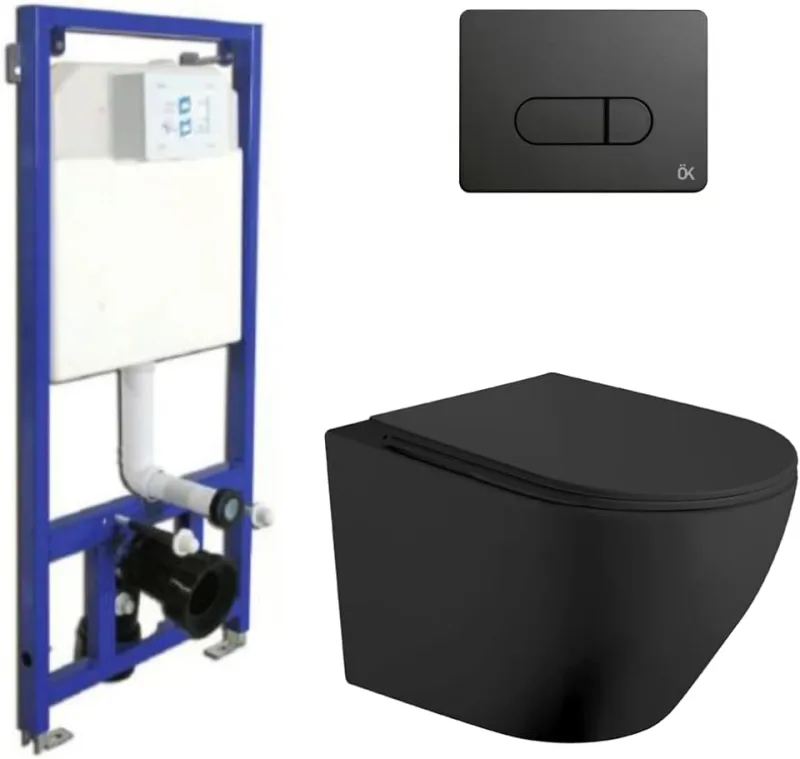 Matte Black Suspended Toilet Pack and Built-in Cistern with Push Button Matte Black | Suspended Toilet Matte Black Rimless Without Reduced Bottom Edge and Extra Thin Seat with Cushioned Drop
