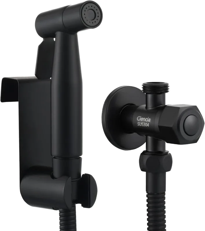 Tecmolog Hygienic Shower Toilet Complete Stainless Steel Bidet Tap Black with Bracket and Hose for Toilet, WS024CF11