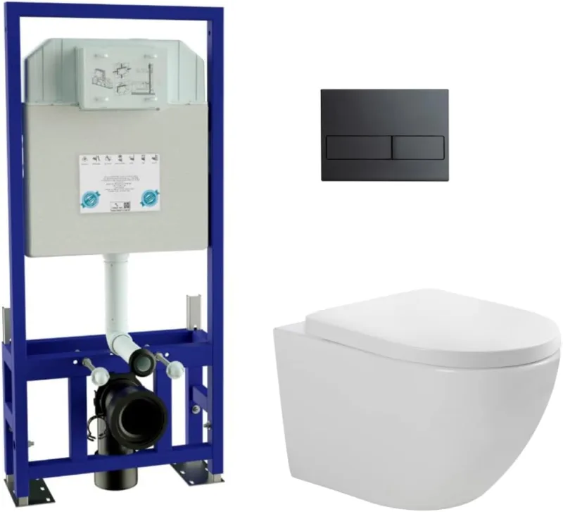 Pack Suspended Toilet White Gloss and Recessed Cistern Self-supporting with Black Push Button | Suspended Toilet White Gloss Rimless Without Reduced Bottom Edge and Extra Thin Seat