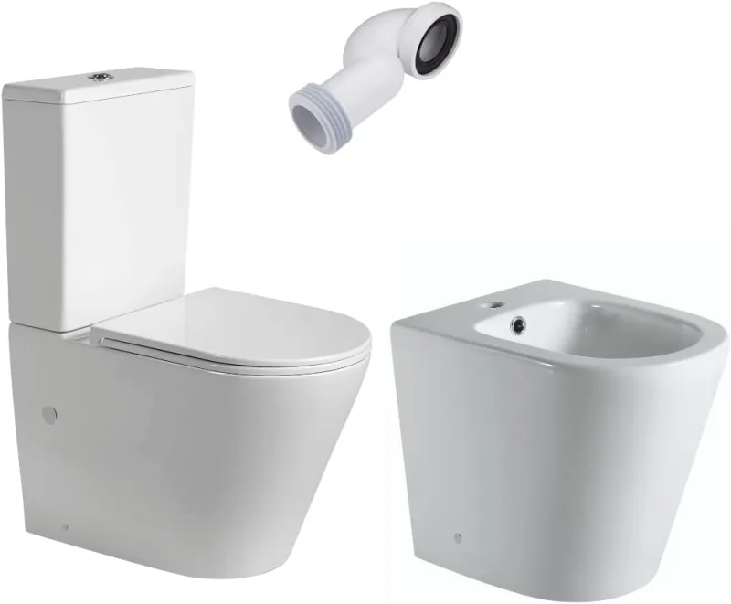 Complete Round Reduced Bottom Toilet Set with Cistern and Extra Thin Lid with Cushioned Drop + Bidet to Round Bathroom Floor