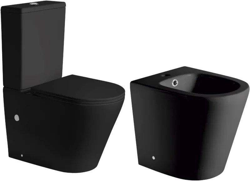Pack Toilet Toilet Matt Black Complete Round Rimless with Reduced Bottom with Cistern and Extra Fine Lid with Cushioned Drop + Bidet Matte Black to Round Bathroom Floor