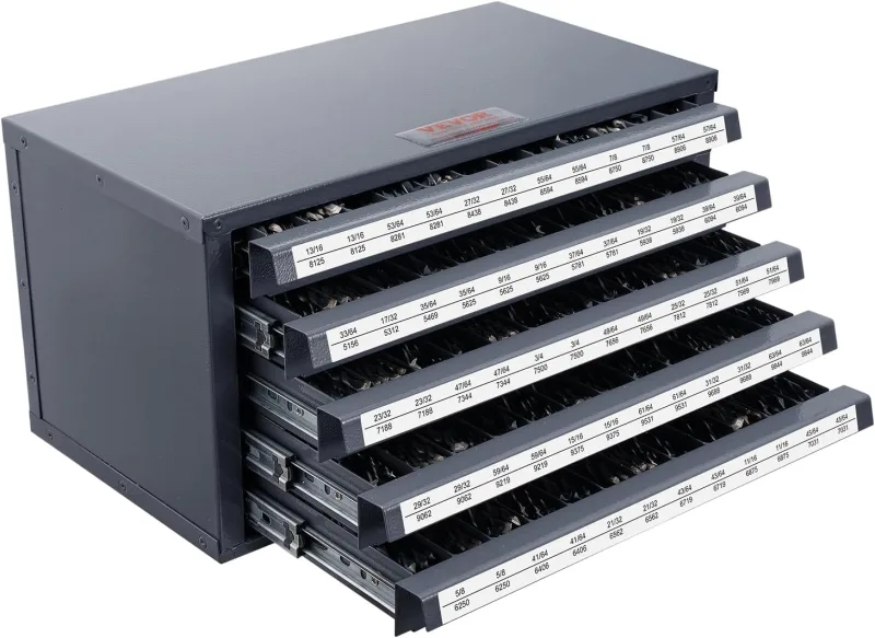 VEVOR Drill Dispenser 60 Compartments Labeled Drill Storage Box 33/64"-63/64" Empty Box of 5 Drawers 37.5 x 20 x 20 cm Stackable Easy Identification for Workshop Bits