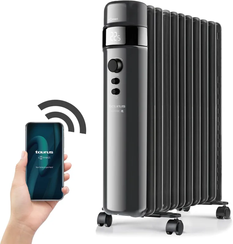 Taurus Agadir 2500 CONNECT Oil Radiator Electric Radiator Digital Display Adjustable Temperature 24H Timer 3 Power Levels + ECO Mode Wheels 2500W Quiet