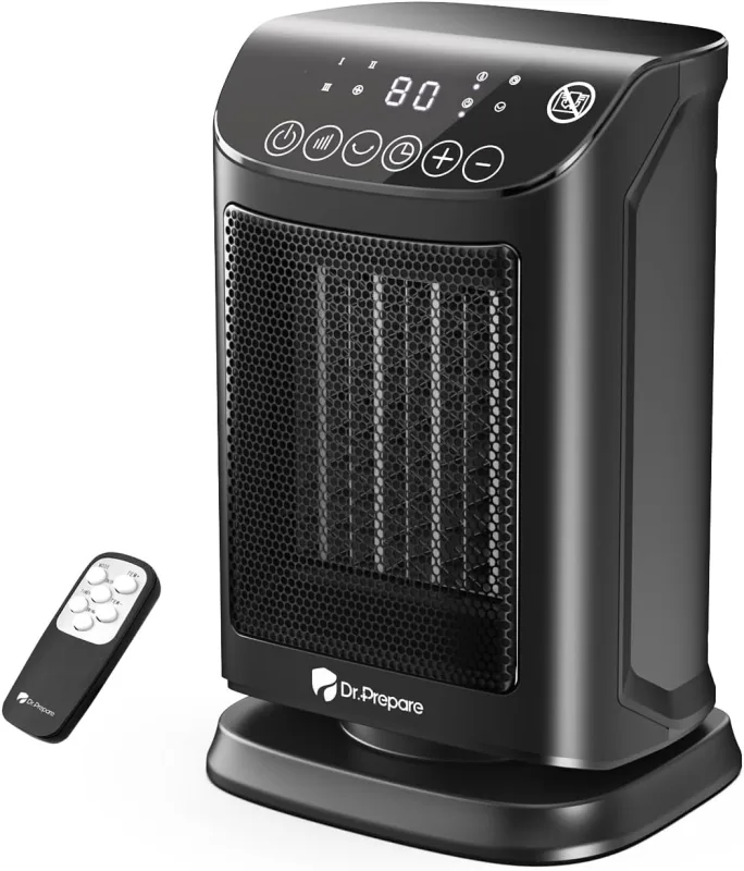 Dr.Prepare Ceramic Heater with Thermostat 1800W 5 Modes (3 Heat + Fan + ECO), 12H Timer, Safety Protections, 70° Oscillation for Office, Bedroom and Home