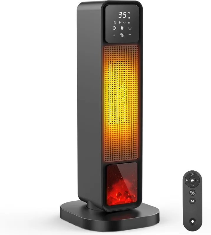 Low Consumption Heater for Electric Bathroom 2200W, Low Consumption Electric Radiator with 3D Fireplace Images, PTC Technology, 4 Modes, 70° Oscillation, 12H Timer and Remote Control (up to 25 m2)