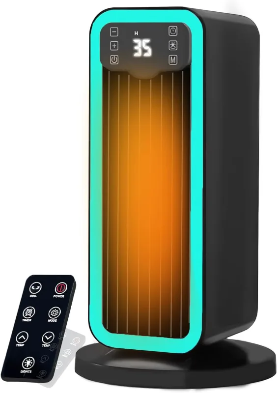 Calefactor Bajo Consumo, 1500W PTC Ceramico Radiador Electrico Portátil con Termostato, Remoto, Oscilación 70°, Temporizador 12H, Protección Contra Sobrecalentamiento y Vuelco, Dormitorio