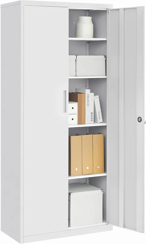 SONGMICS Armario de Garaje de 5 Estantes con 2 Puertas, Armario de Oficina, 40 x 80 x 180 cm, 1 Cerradura, Estantes Ajustables, Gabinete de Metal, Gris Mate OMC015G01