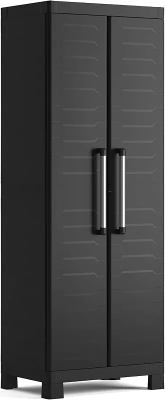 Keter Armario Detroit Escobero|Amario Escobero de almacenaje|Resina|2 puertas y 4 baldas, 3 regulables en altura y 1 fija|Color Negro|182 x 65 x 45 cm