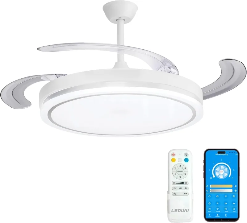 LEDUNI LED Ceiling Fan with Retractable Blades – 66 W, 30 W DC Motor+36 W Light 2880 LM, White, CCT 3000-6000 K, with Remote Control, Summer and Winter Function (Snow White)