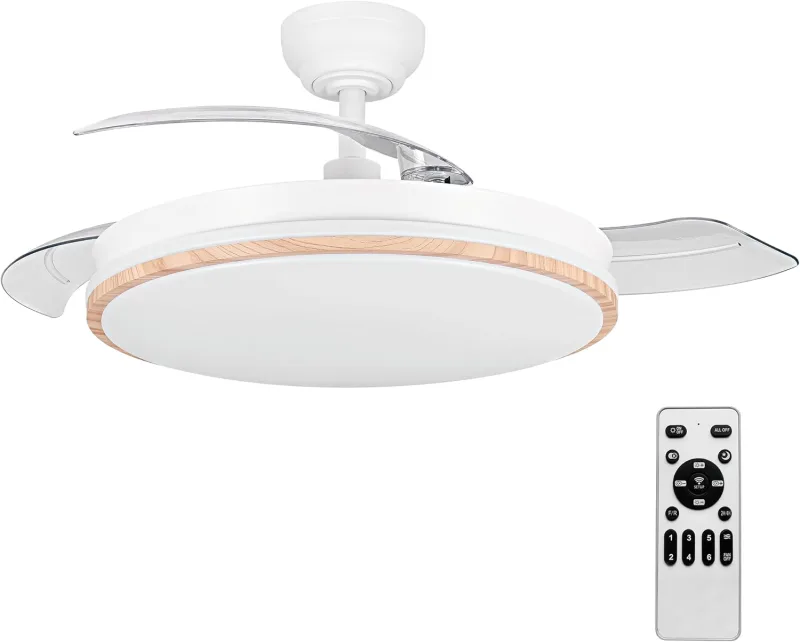 Ceiling fan with light with 3 blades, DC motor 30W+LED light, timer, 6 speeds, retractable blades, 3 light temperatures, quiet summer-winter function (smooth wood, 50 cm)