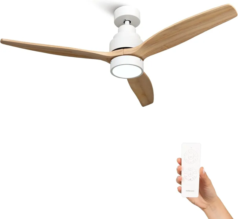 Mellerware - Ceiling Fan with Remote Control Brizy Bright | 30 W | 6 Speeds | Ultra Quiet | 3 Blades 132 Diameter | Summer-Winter Function | Timer | LED | Lightwood