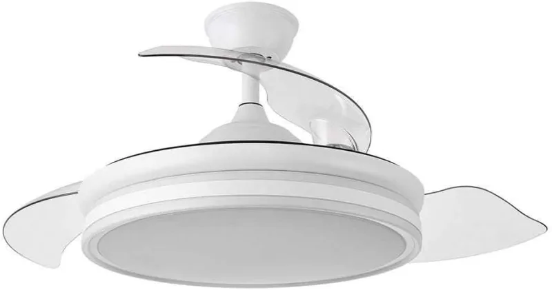 FABRILAMP - Ceiling Fan with LED Light 59W | DC Motor Model BAYOMO | 4 Retractable Blades | 3 Shades | 6 Speeds | Remote Control | Timer | Quiet, White, Medium