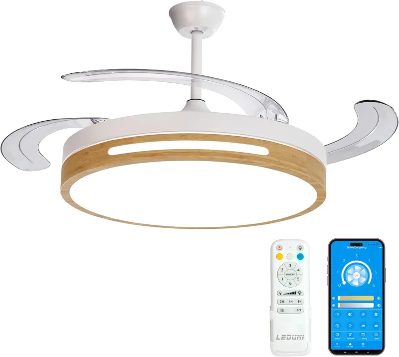 LEDUNI Ceiling fan with light with 3 blades, DC motor 30W+LED light, timer, 6 speeds, retractable blades, 3 light temperatures, quiet summer-winter function (Wood, 50 cm)