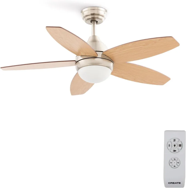 CREATE / WINDFLOWOOD/Ceiling fan with light nickel natural wood blades with control/60W, Reversible blades, Ø107cm, 3 speeds, 3 light temperatures, 60W