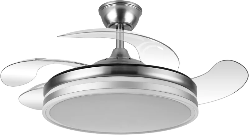 FABRILAMP - Ceiling Fan with LED Light 59W | DC Motor Model BAYOMO NIQUEL | 4 Retractable Blades | 3 Shades | 6 Speeds | Remote Control | Timer | Quiet, White, Medium