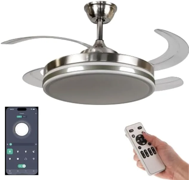 Ceiling Fan LED Mobile App Easy Mounting DC LED Retractable 4 Blades – Beep-Free Option, Timer, Winter Summer, 3 Tones, Breeze Mode, Low Consumption (Nickel, 107D)