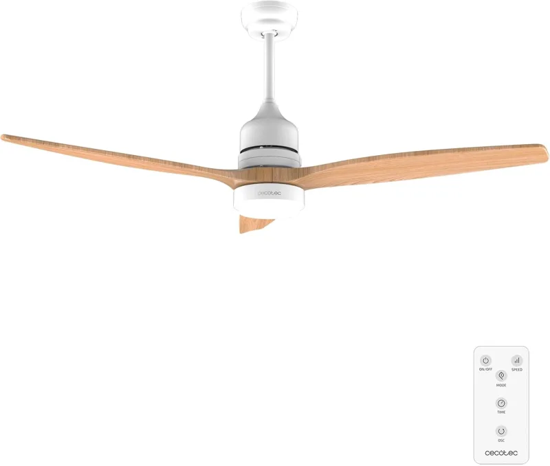 Cecotec EnergySilence Aero 5230 WhiteWood Ceiling Fan with Light and Remote Control, 52 Inches, 40 W DC Motor, 3 Blades, LED Light, Adjustable Height, Timer, 6 Speeds, Winter/Summer Mode