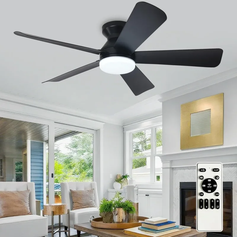 Depuley Modern Ceiling Fan with Light: 42 Inch Black Small Fans for Bedroom - Dimmable Recessed Ceiling Fans with Remote 5 Black Blades Inverted