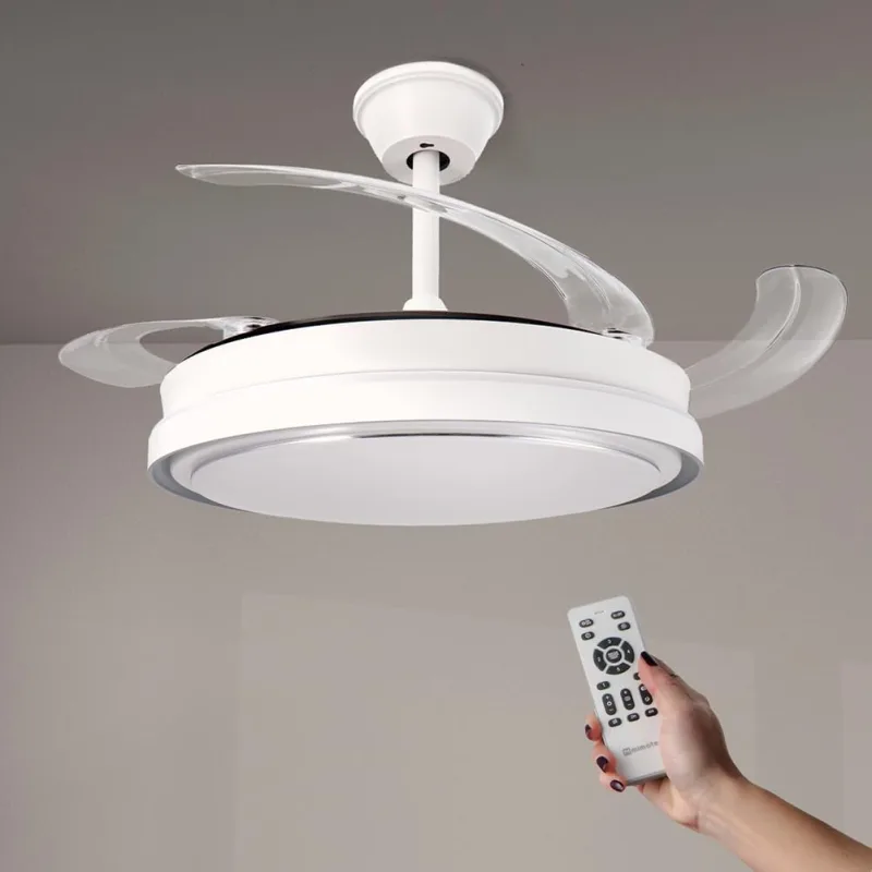 M mimotec - White Hood LED Ceiling Fan 70W with Light, Remote Control, Low consumption, DC 30W motor+40W LED light, 6 speeds, Quiet, 4 Folding Blades, summer-winter, timer
