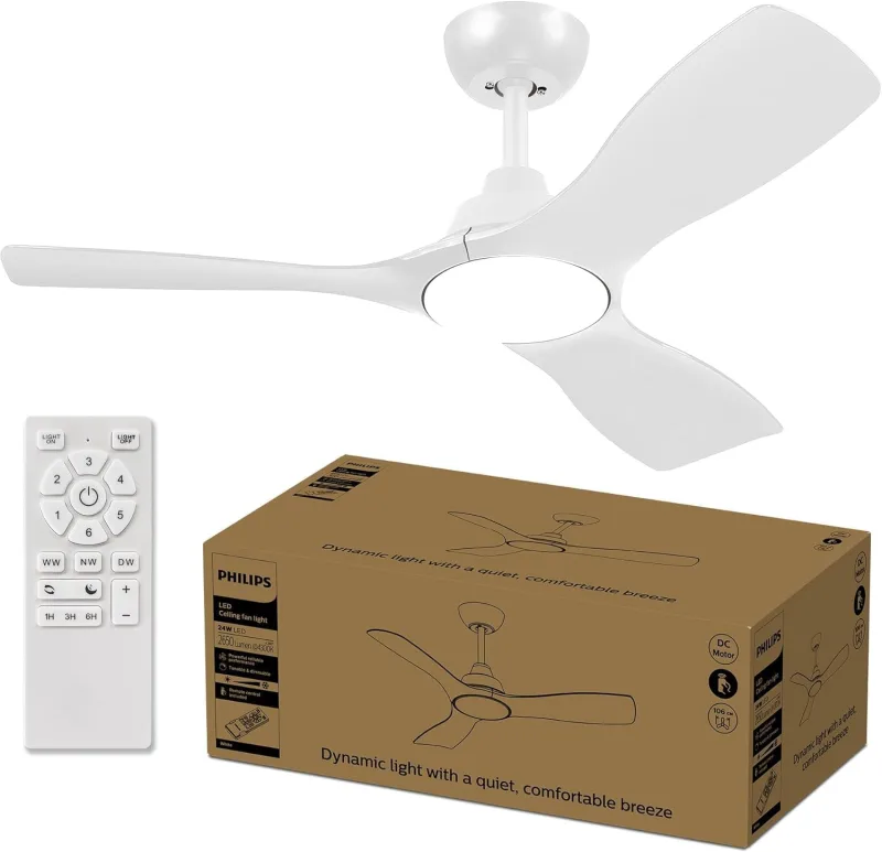 Philips Waves Ceiling Fan with LED Light, 3 Fixed Blades 42" (Diameter 106 cm), 28 W, Silent DC Motor, 3 Light Temperatures, Remote Control Included, EU IEC 60598 Certification