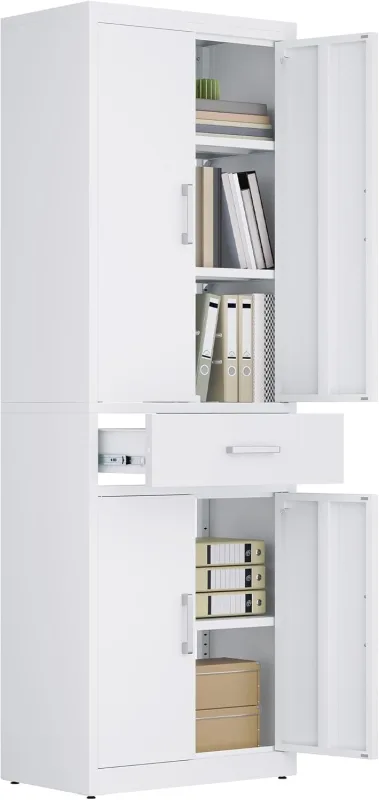 YITAHOME Lockable Filing Cabinet with 3 Adjustable Shelves for Office, Kitchen, Garage, 180 x 60 x 34D, White