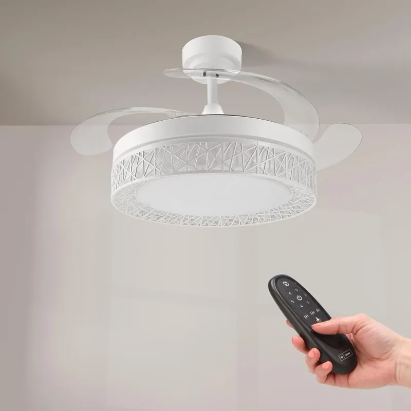 M mimotec - White Aqua LED Ceiling Fan 66W with light, Remote Control, Low consumption, DC 30W motor+36W LED light, 6 speeds, Quiet, 4 folding blades, summer-winter, timer