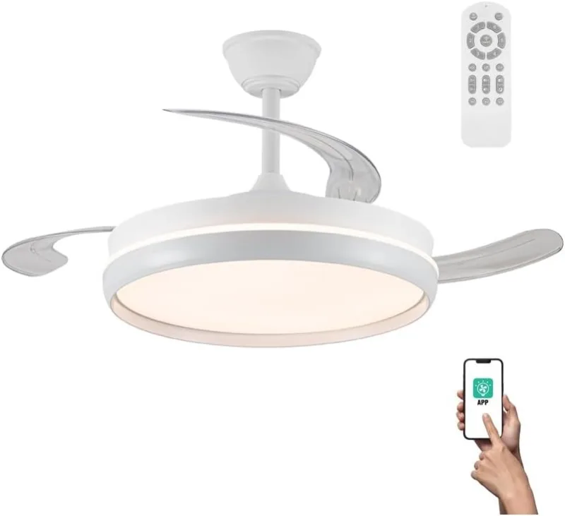 wonderlamp - Ceiling Fan with Retractable Blades, Smart Control APP + Remote Control, Michu Evo 72W Silent Fan with LED Light, Power On Memory, 3CCT, Dimmable