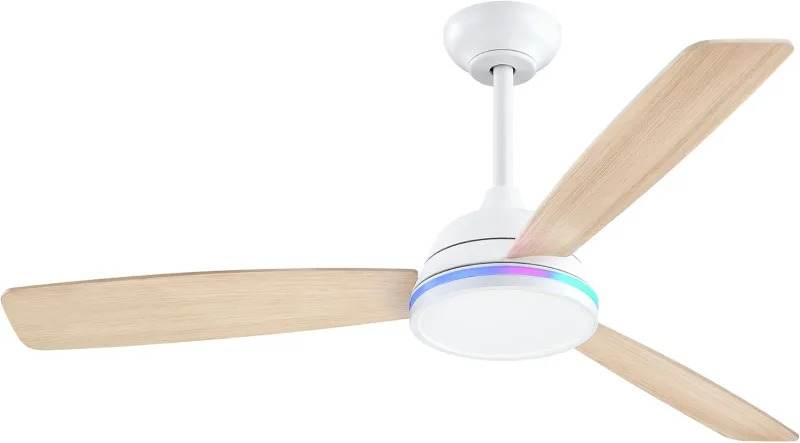 Ceiling Fan with Remote Control, DC Motor, 6 Speeds, Ultra Quiet, Summer-Winter Function, Timer, 3 Blades 132 Diameter, Clear Wood