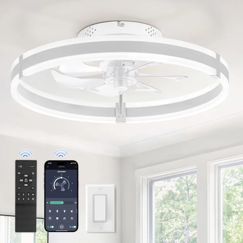 ZMISHIBO Ceiling Fan with Light and Remote Control, 50 cm Modern Low Profile, Dimmable LED Light, 6 Speeds, Silent, White Fandelier for Bedroom/Living Room