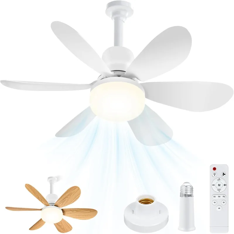 Ceiling Fan with Light, 40 W Lamp Ceiling Fan, with 2 Set Blades (6 White + 6 Wood Effect), E27, 3 Speed, Adjustable LED, Fan for Indoor Outdoor Bedroom Salt