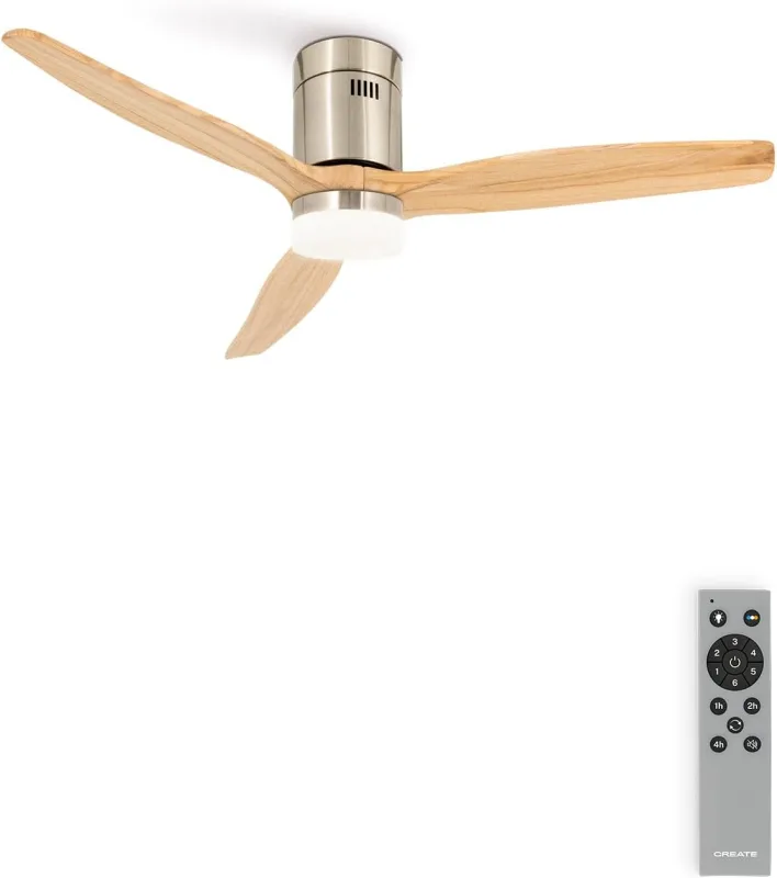 CREATE / WINDCALM/ABS ceiling fan with light nickel effect light wood blades and control/40W, silent, Ø132 cm, 6 speeds, 3 light temperatures, timer, summer-winter function