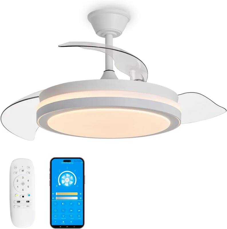 Ceiling Fan with Dimmable LED Light, Control + App, DC Motor Remote Control, Retractable Blades, Summer Winter Mode, White