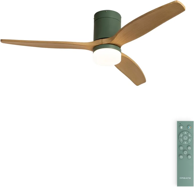 CREATE / WINDCALM M/ABS Ceiling Fan with Sage Green Light Wood Effect Blades and Control / 40W, Quiet, Ø132 cm, 3 Light Temperatures, Timer, Summer-Winter Function