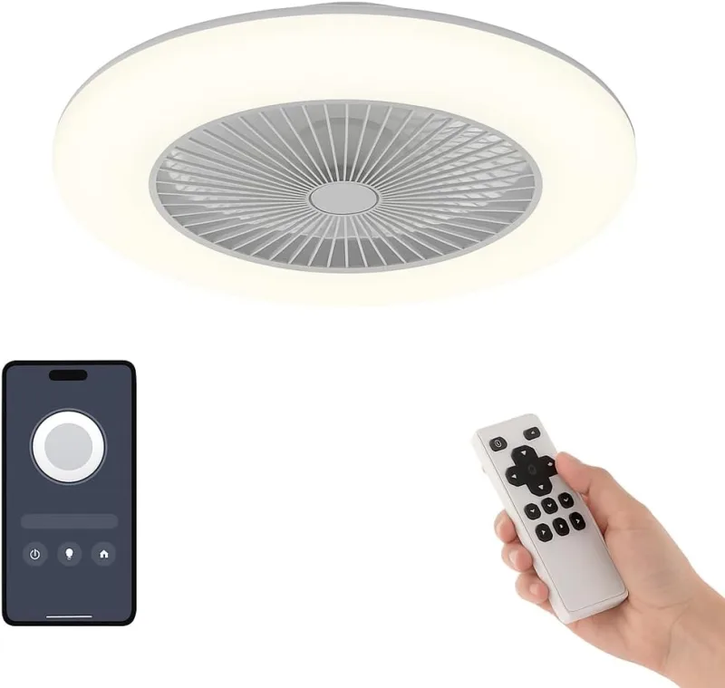 TODOLAMPARA.COM Silent Ceiling Fan LED Ceiling Light App Mobile IKARO White 2026 – DC, DC, Adjustable, 3 Tones, Summer/Winter, Protected Blades, 6 V, Low Consumption, Easy Assembly (Fixed Ceiling Light)