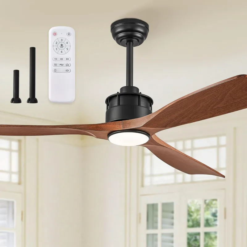 ZMISHIBO Ceiling Fan with Light Ø132cm | 3 Colours LED + Remote Control | DC Motor | 6 Speeds | Ultra Quiet | 1/4/8 Timer | 3 Blades in Premium ABS | 55W | Walnut Colour