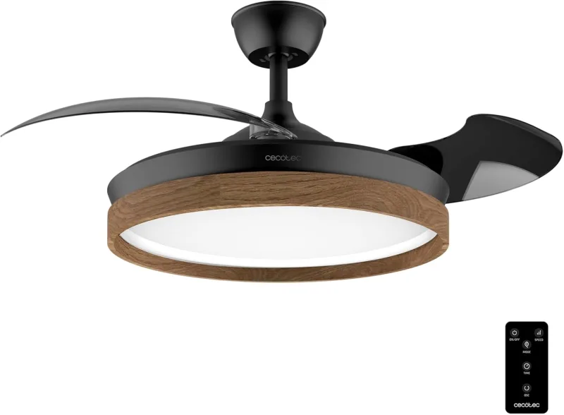 Cecotec Energysilence Aero 4320 Invisible Wood & Black Ceiling Fan with Light, 35 W, 6 Speeds, Retractable Blades, Remote Control, Timer, Integrated Light, Adjustable Light Intensity