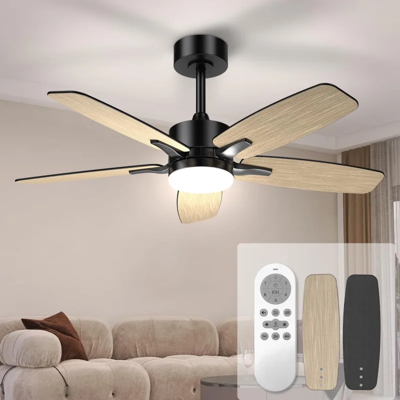 Mefine 106 cm Silent Ceiling Fan with LED Light and Remote Control, Adjustable Ceiling Fan with 5 Double Blades, Wood/Black, for Bedroom, Living Room, Kitchen, Timer, 6 Speeds