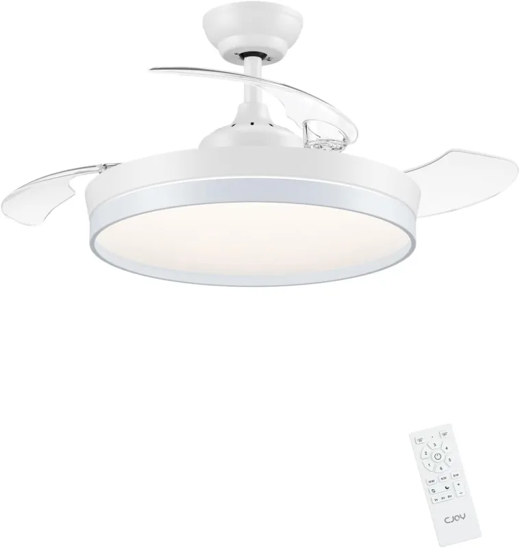 CJOY Retractable Ceiling Fan Blades, 107 cm Ceiling Fan with Light and Adjustable Control, Silent Ceiling Fans DC Reversible, 6 Speed, Memory 3 CCT, Timer, Bedroom Rest