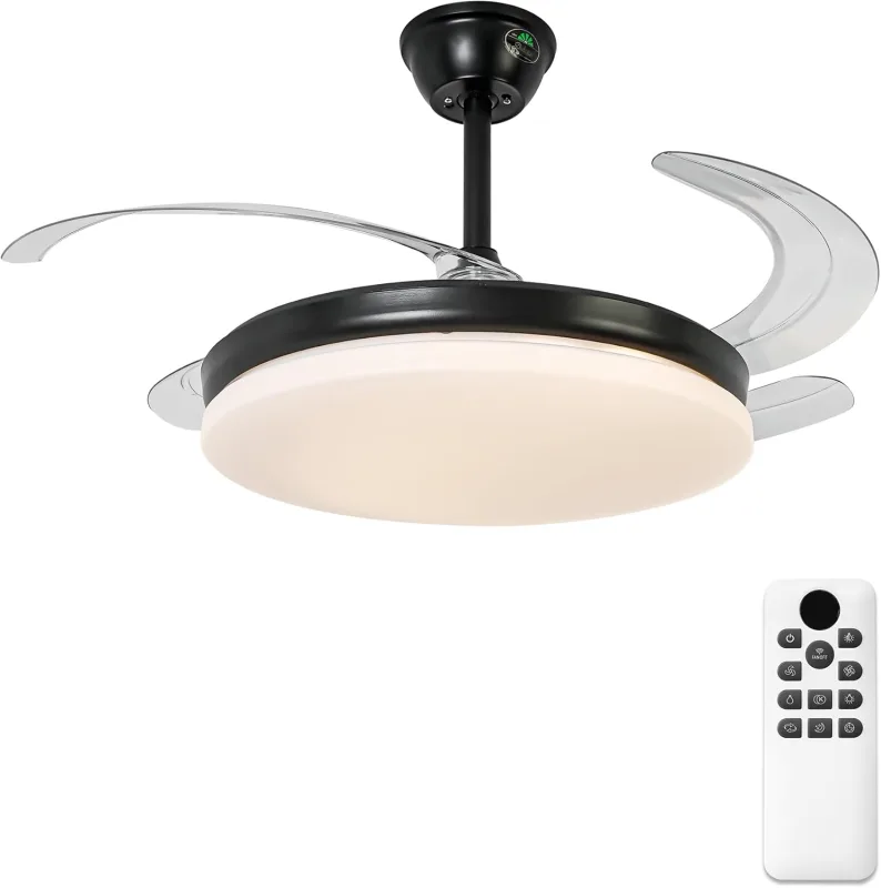 Parrot Uncle Ceiling Fan with Light and Retractable Blades, 36W, Silent DC Motor, Diameter 106 cm, Summer and Winter Function, 6 Speeds, Programmable, Remote Control, Black