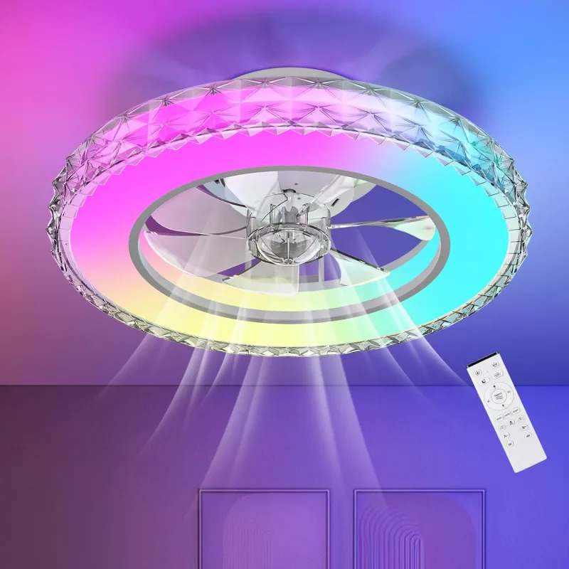 Ceiling Fan with Light 43.5CM, Crystal Ceiling Fans 25W, Dimmable 3000K-4000K-6500K-RGB, 6 Wind Speed with Remote Control, Timer, Light Memory, Reversible Fan